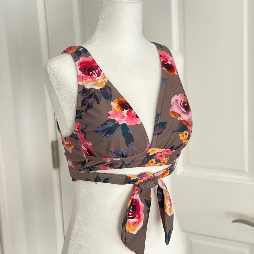 Shade & Shore Olive Floral Wrap Swim Top Small